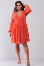 Load image into Gallery viewer, Plus Wrap Deep V-neck Long Puff Sleeve With Elasticated Cuff Pleated Mini Dress
